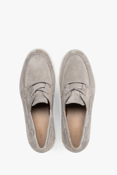 Loafersy męskie w stylu żeglarskim, beżowe, z włoskiego weluru naturalnego Premium, Estro.