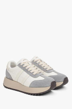 Beżowo-szare sneakersy damskie ze skóry naturalnej i weluru.
