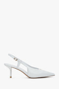Białe czółenka damska z odkrytą piętą typu slingback na stabilnej szpilce Estro ER00116920.