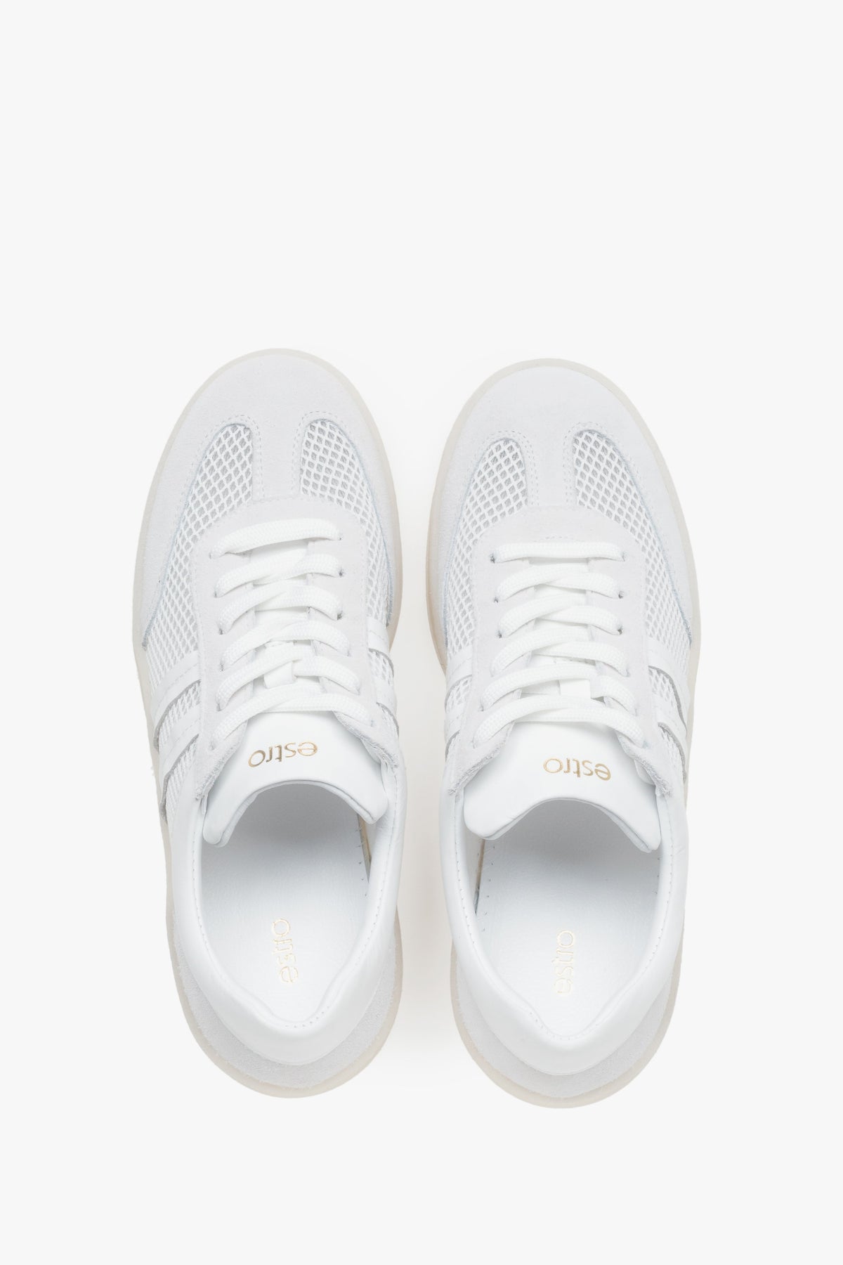 Trampki damskie, biało-beżowe, z włoskiej skóry naturalnej i oddychającej siateczki, Estro.