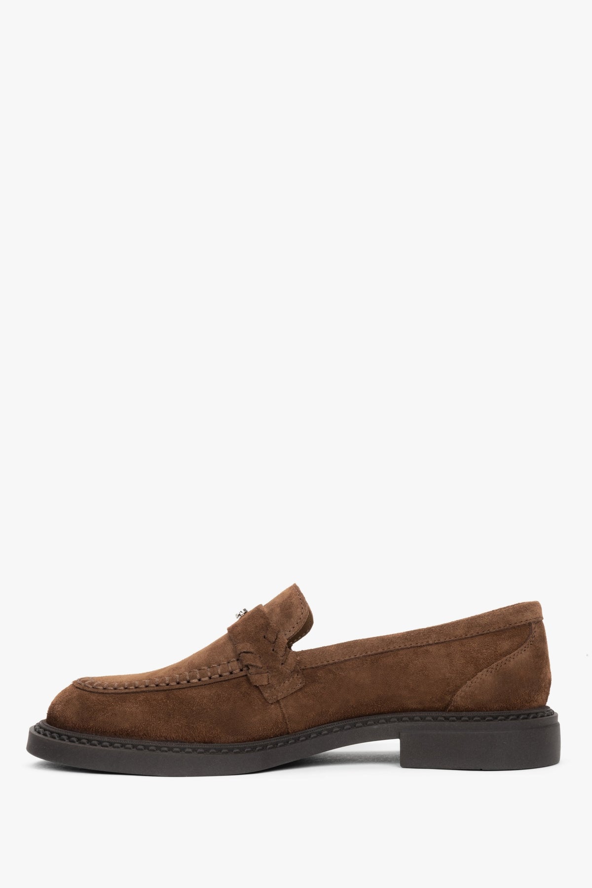 Damskie brązowe loafersy typu Penny z włoskiego weluru naturalnego Premium Estro.