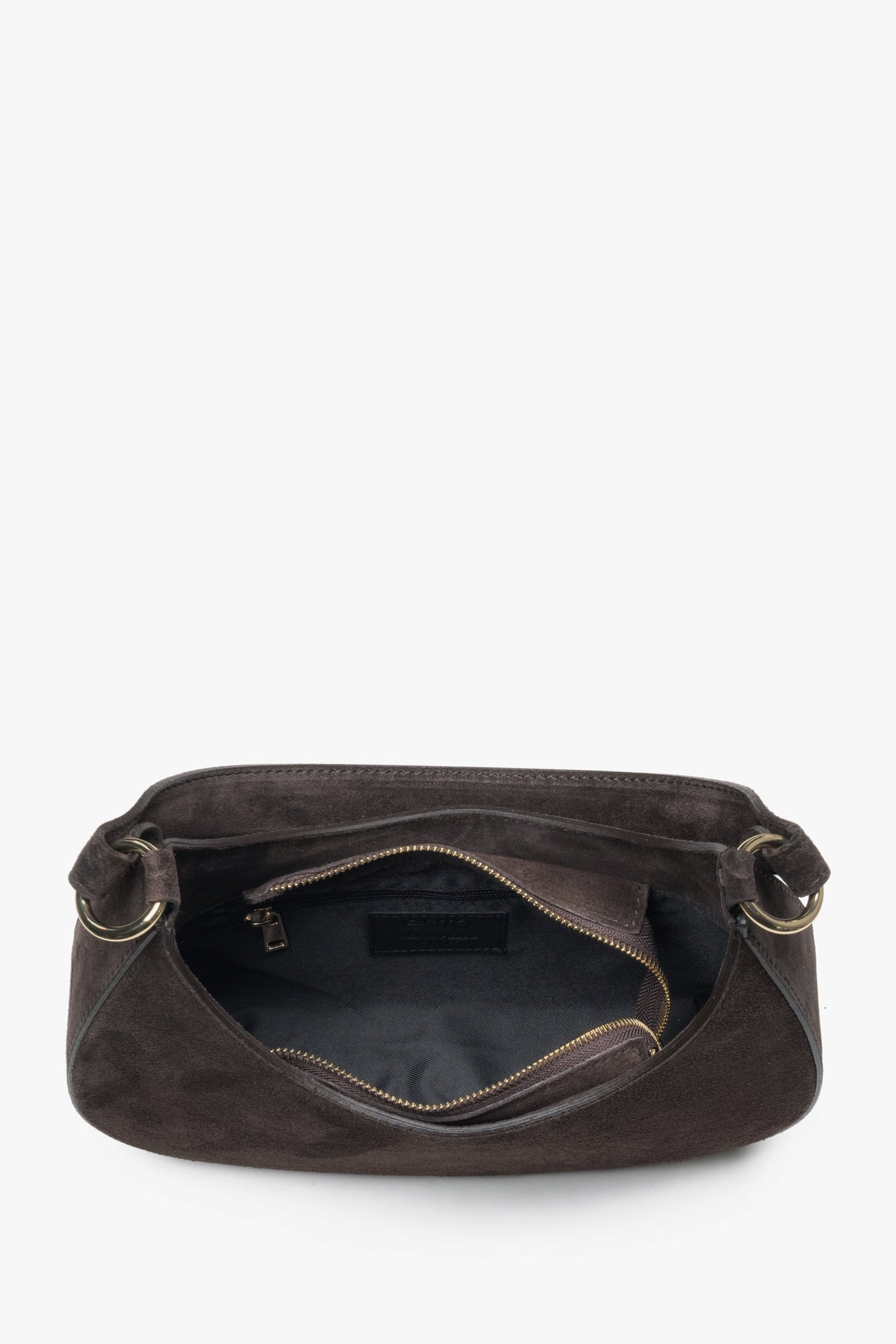 Ciemnobrązowa torebka damska typu shoulder bag z włoskiego weluru naturalnego Premium - widok z góry.