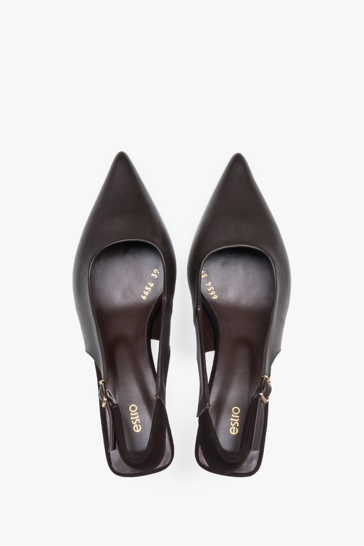 Czółenka damskie typu slingback, ciemnobrązowe, na obcasie kitten heel, Estro.