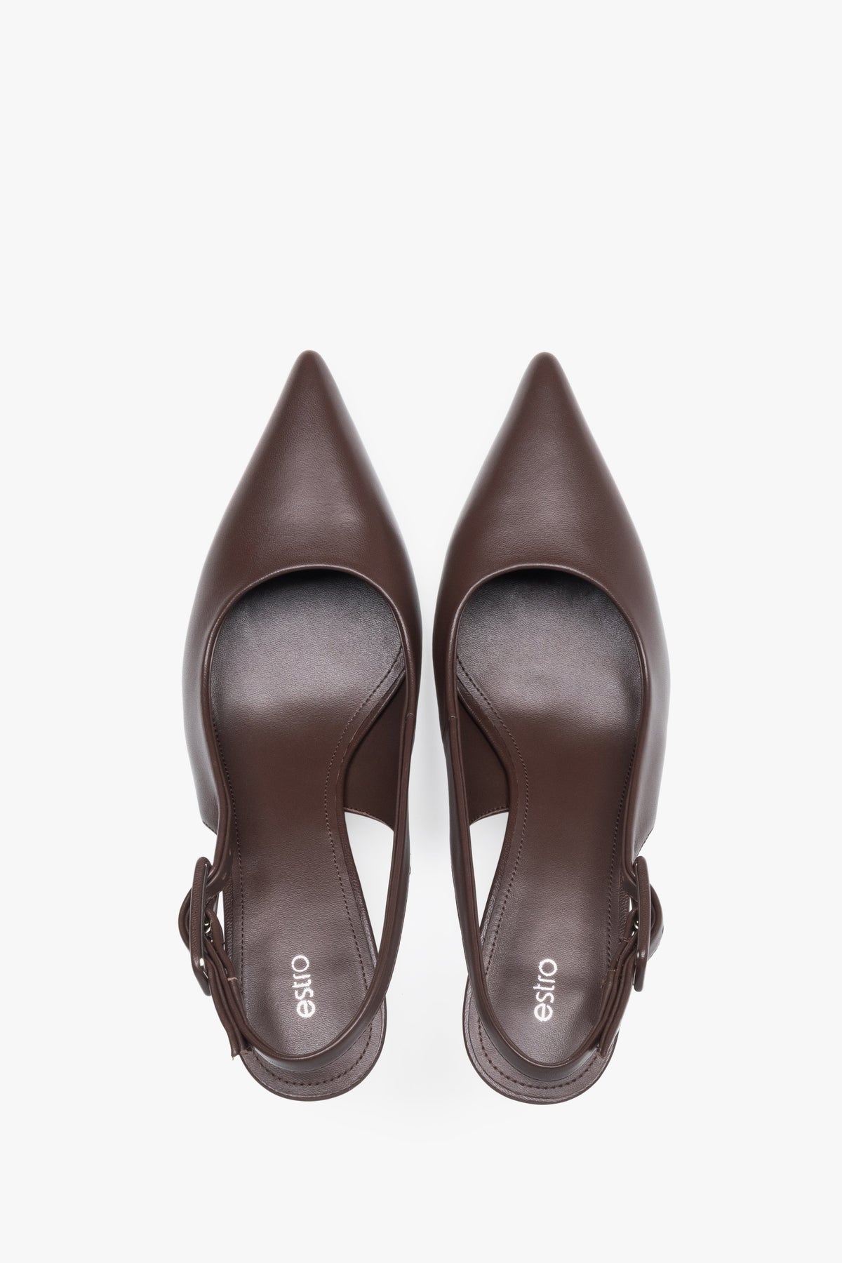Czółenka damskie typu slingback, ciemnobrązowe, ze skóry naturalnej, na stabilnej szpilce, Estro.