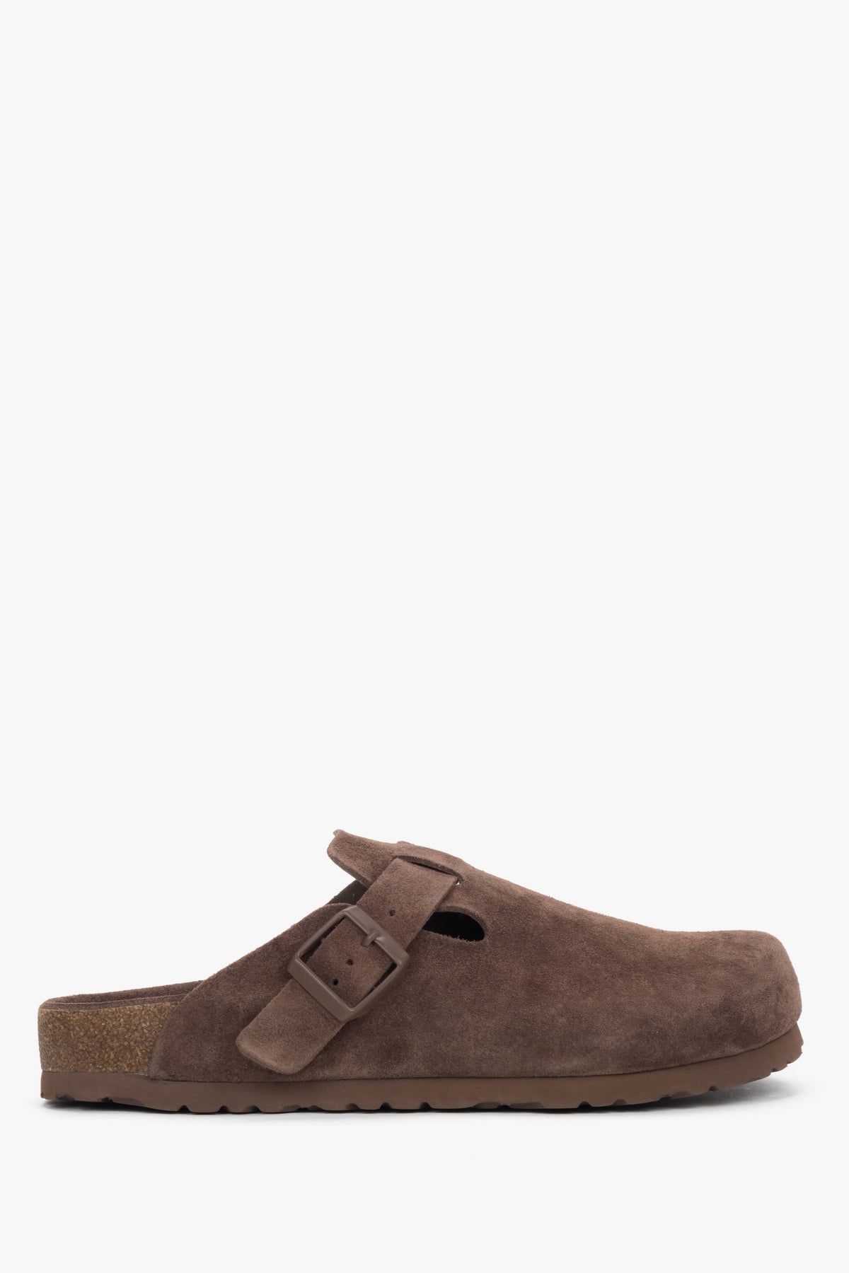 Ciemnobrązowe klapki damskie typu chodaki z miękkiego weluru naturalnego.