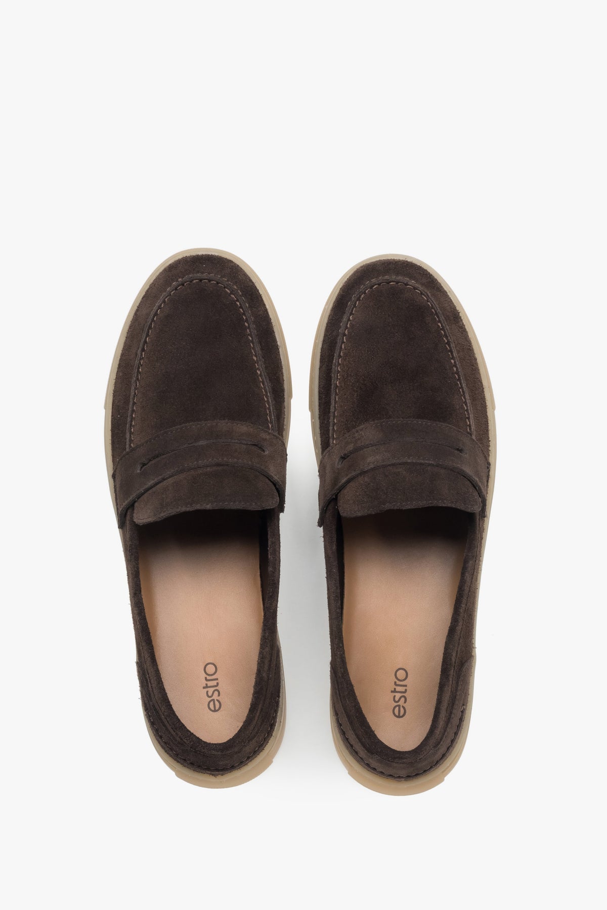 Loafersy męskie na sprężystej podeszwie, ciemnobrązowe, z włoskiego weluru naturalnego Premium, Estro.
