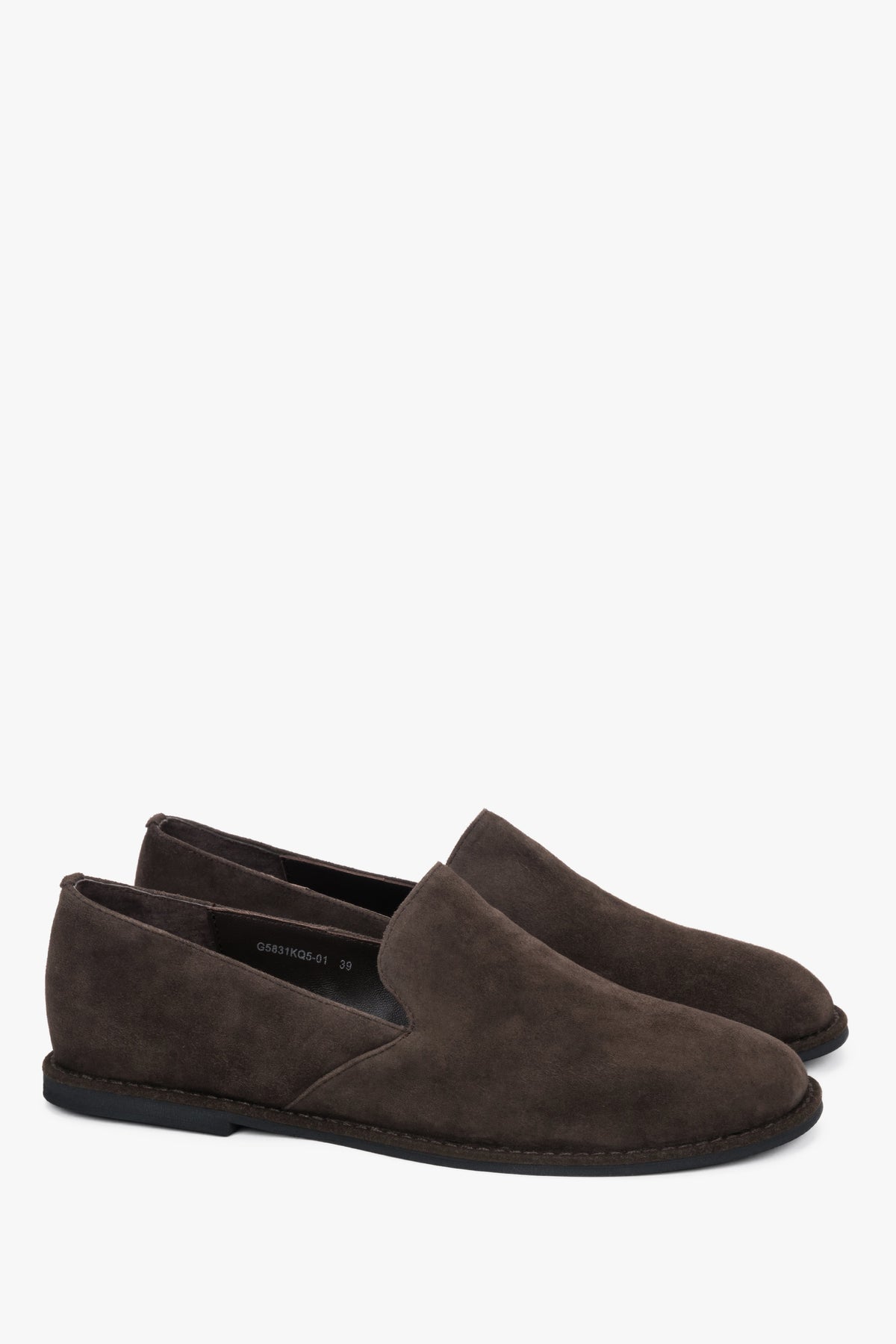 Ciemnobrązowe mokasyny damskie typu barefoot z miękkiego weluru naturalnego Estro.
