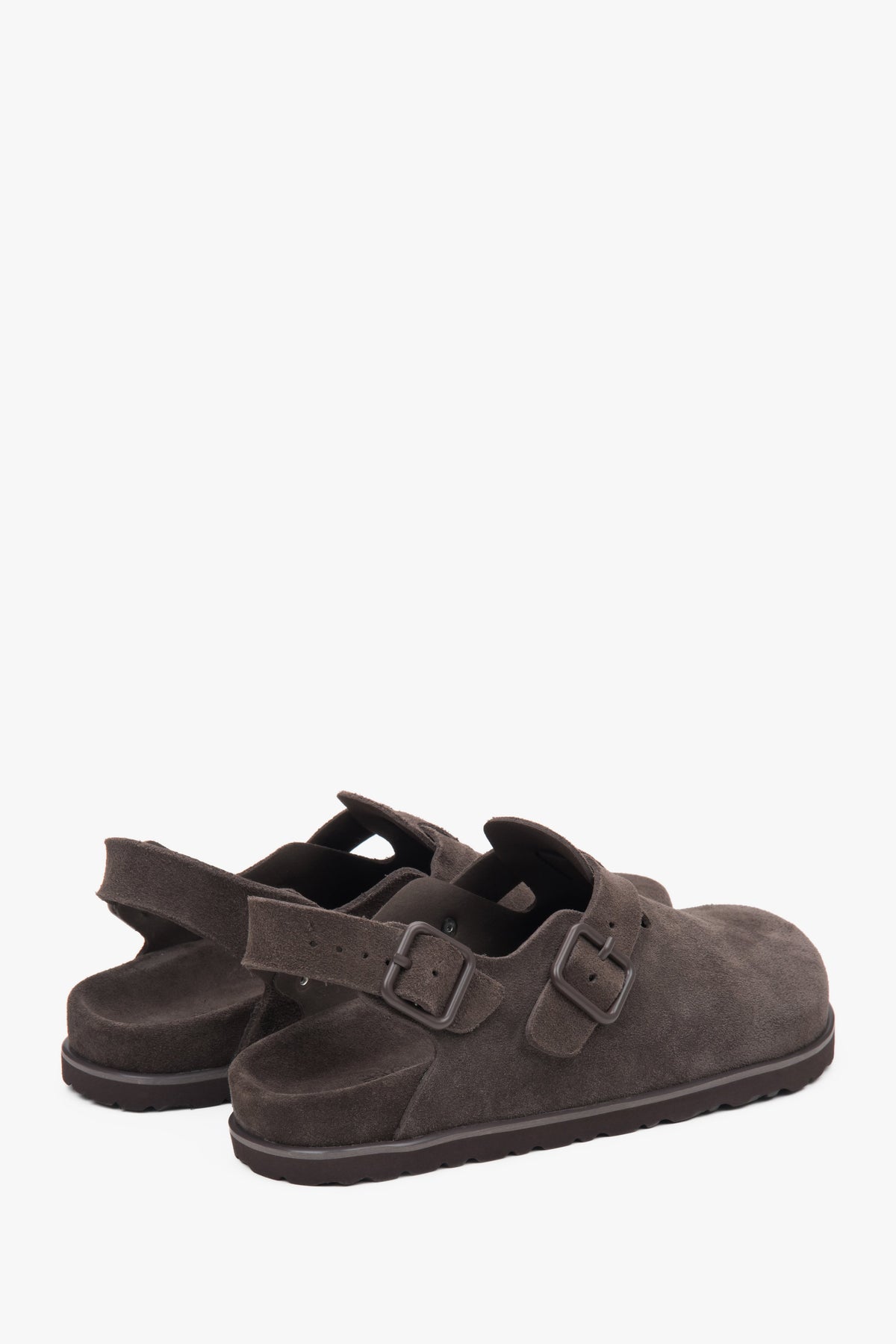 Z weluru naturalnego, ciemnobrązowe sandały damskie typu chodaki z zabudowaną linią palców Estro.