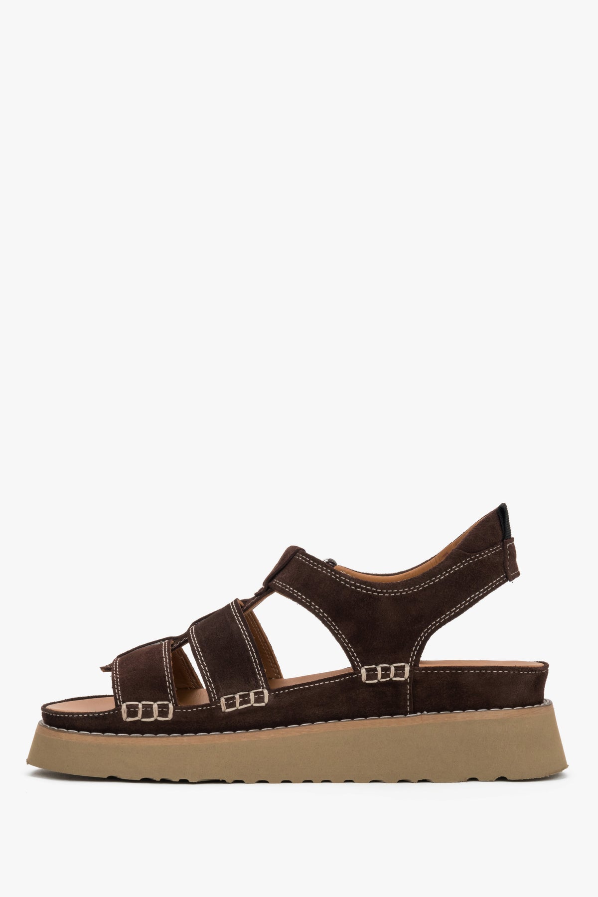 Sandały damskie na grubej platformie, ciemnobrązowe, z weluru naturalnego, Estro.