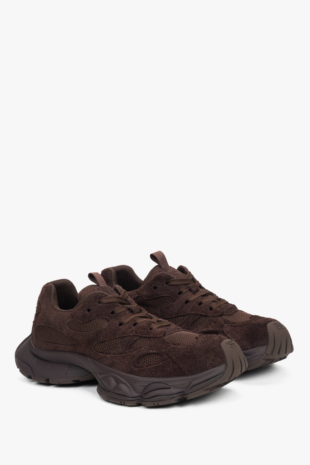Sneakersy damskie na sprężystej platformie, ciemnobrązowe, z miękkiego weluru, ES8.