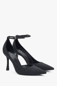 Buty damskie Estro, czarne, na wysokim obcasie, ze sprzączką.