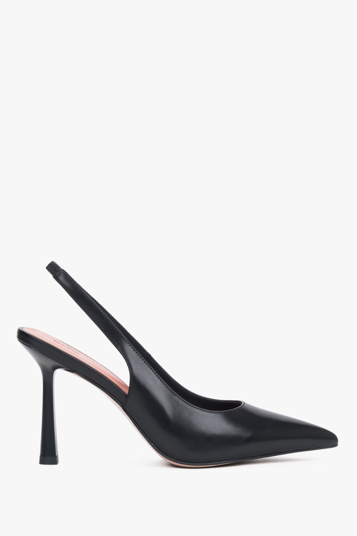 Czarne czółenka damskie typu slingback na wysokim obcasie ze skóry naturalnej Estro ER00119494.