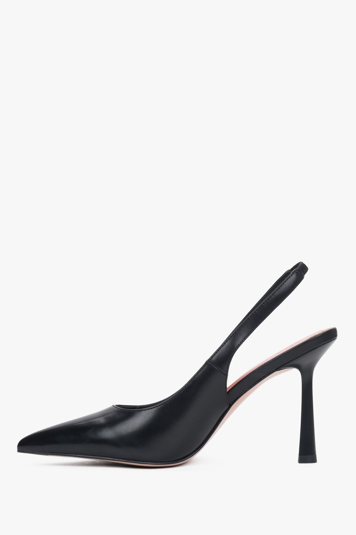 Damskie czarne czółenka typu slingback na wysokim obcasie ze skóry naturalnej Estro.