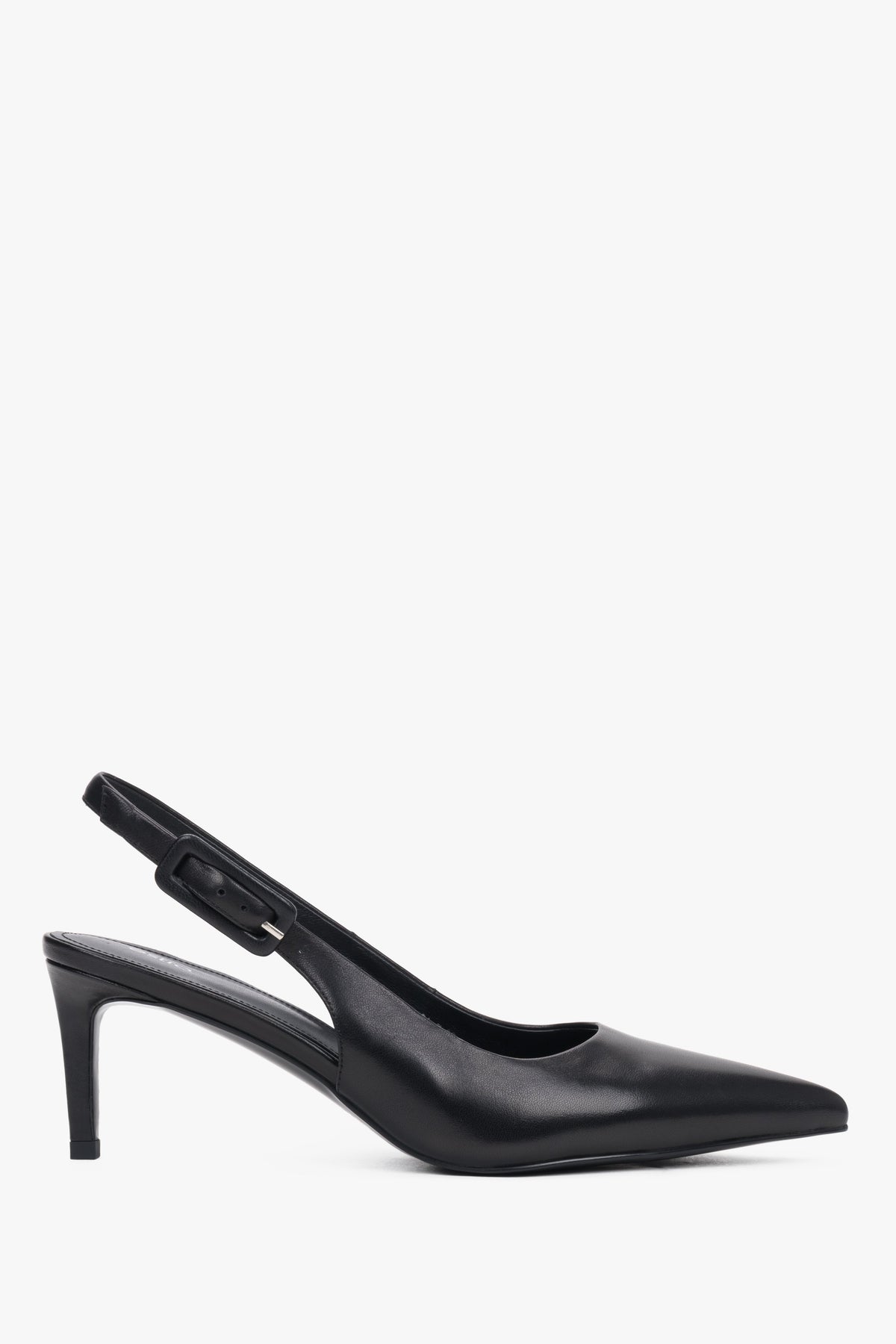 Czarne czółenka damskie typu slingback ze skóry naturalnej na stabilnej szpilce Estro ER00119689.