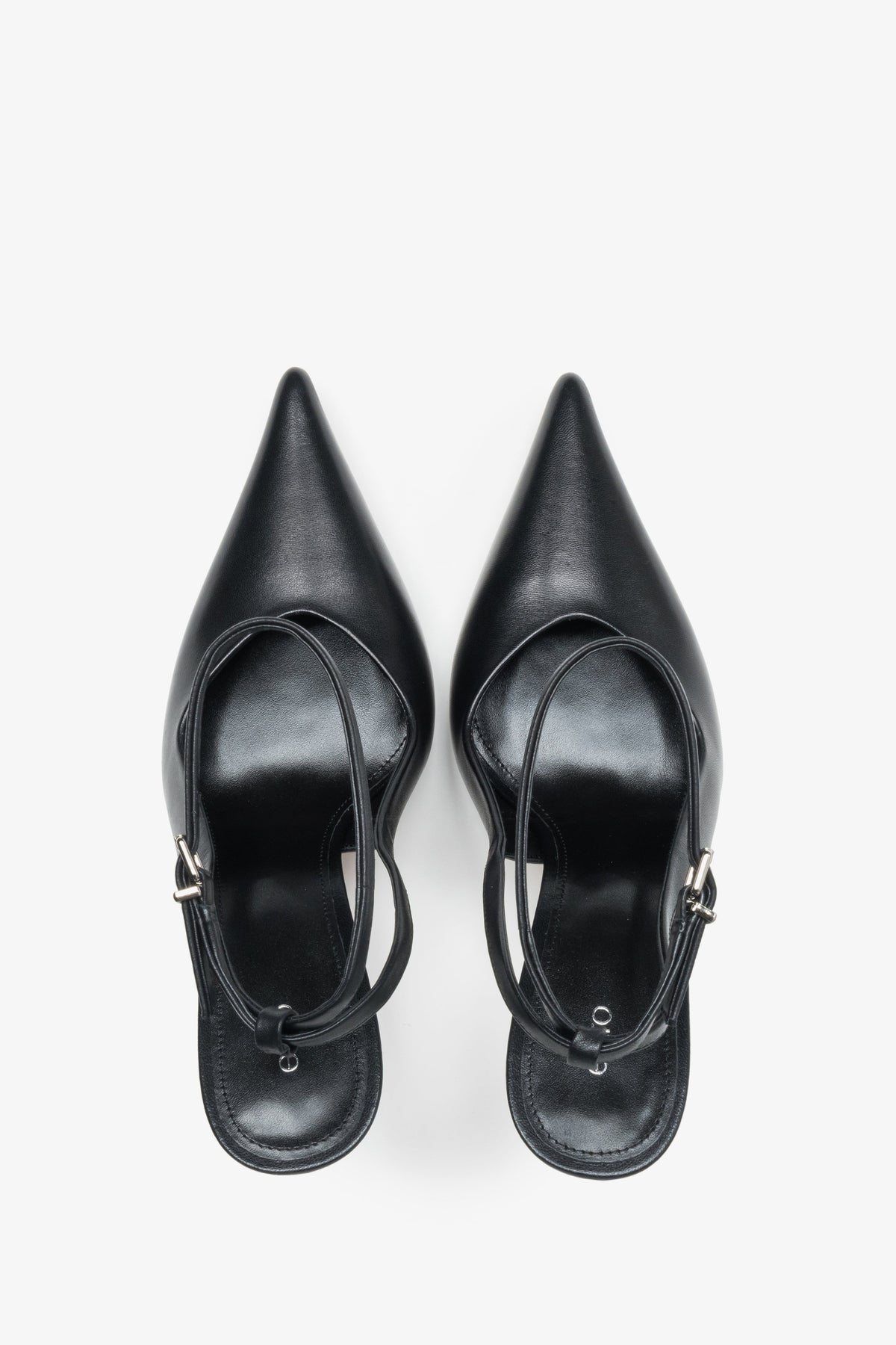Czółenka damskie, czarne, z odkrytą piętą typu slingback, ze skóry naturalnej, Estro.
