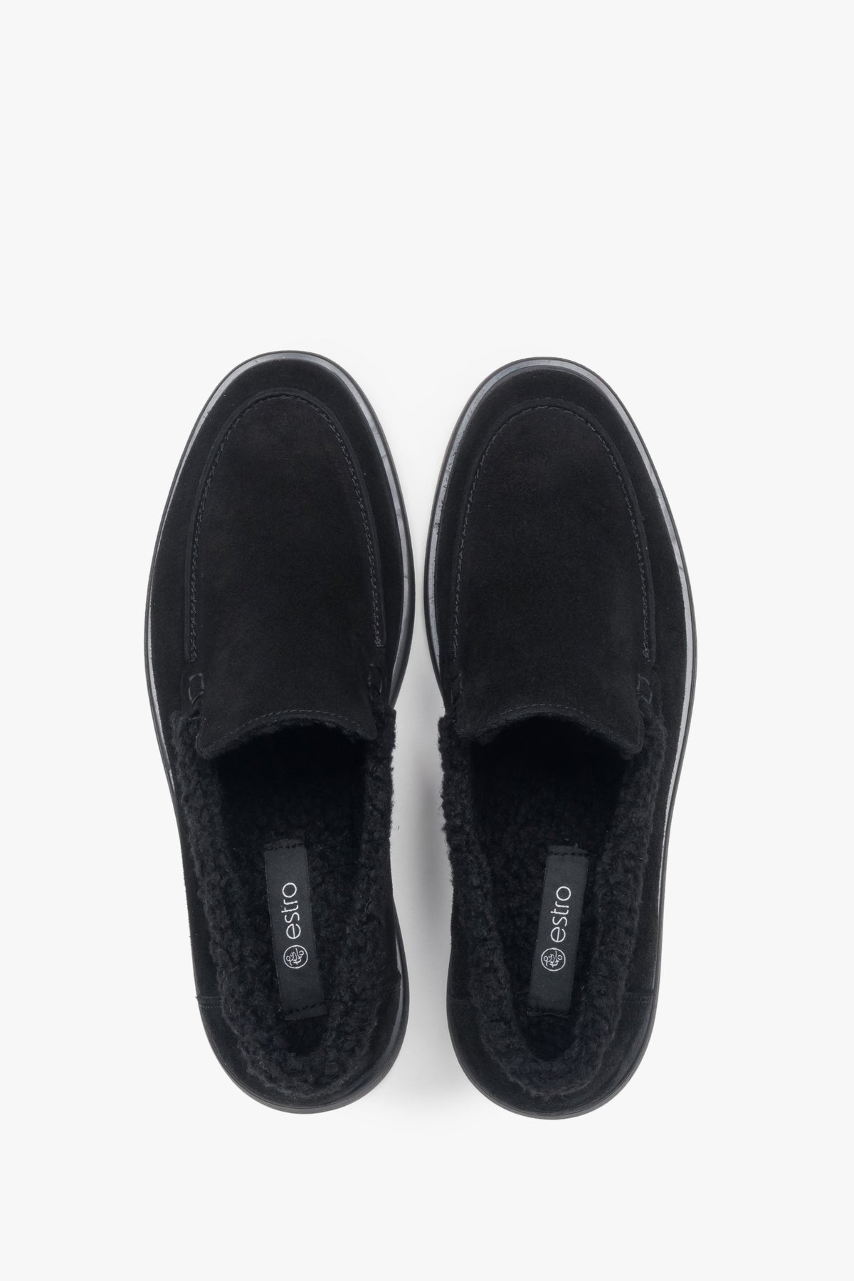 Loafersy damskie na zimę, czarne, z weluru naturalnego i futrzanym wsadem, Estro ER00118203.