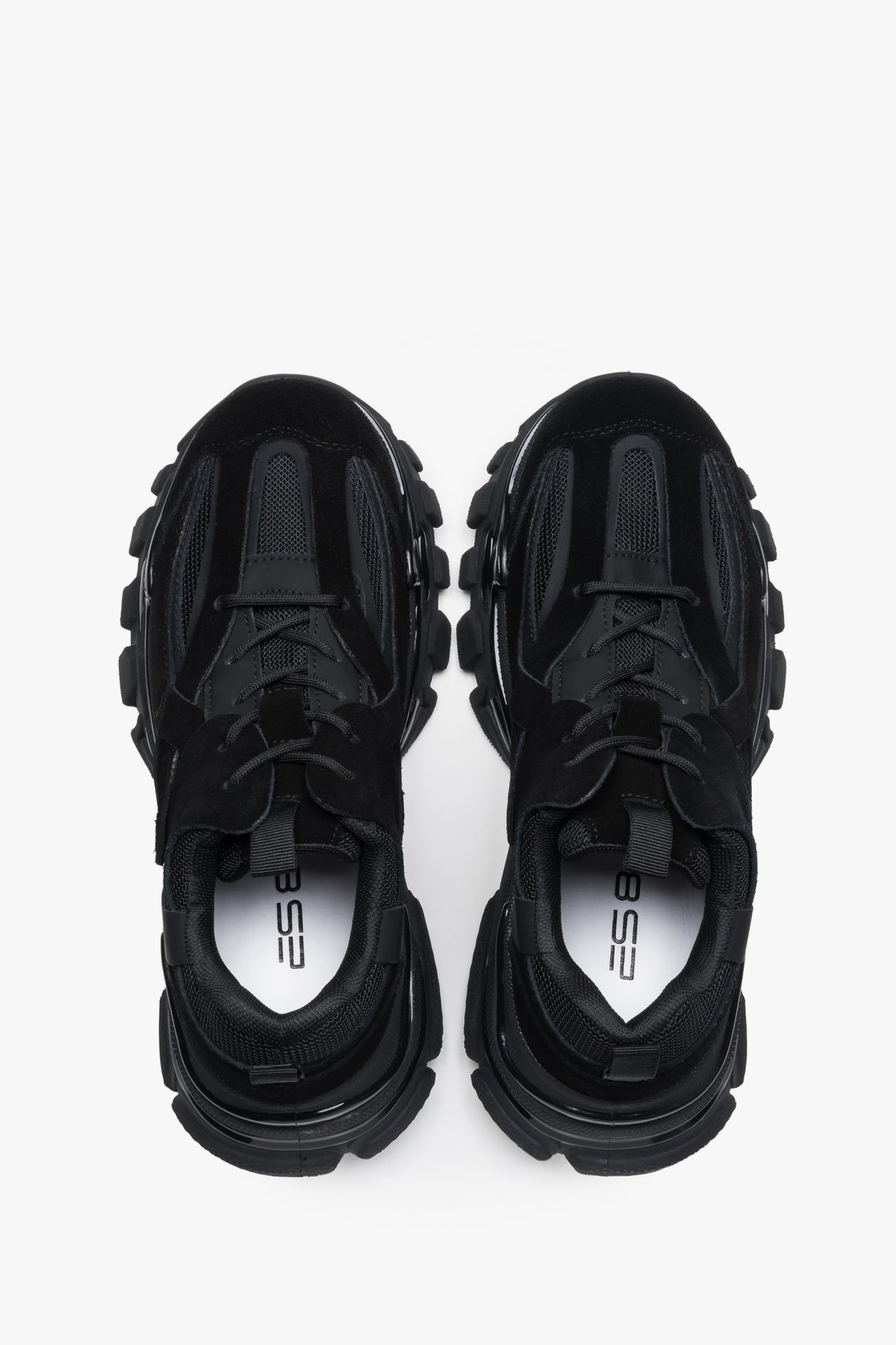 Z weluru naturalnego, czarne sneakersy damskie na grubej podeszwie ES8.