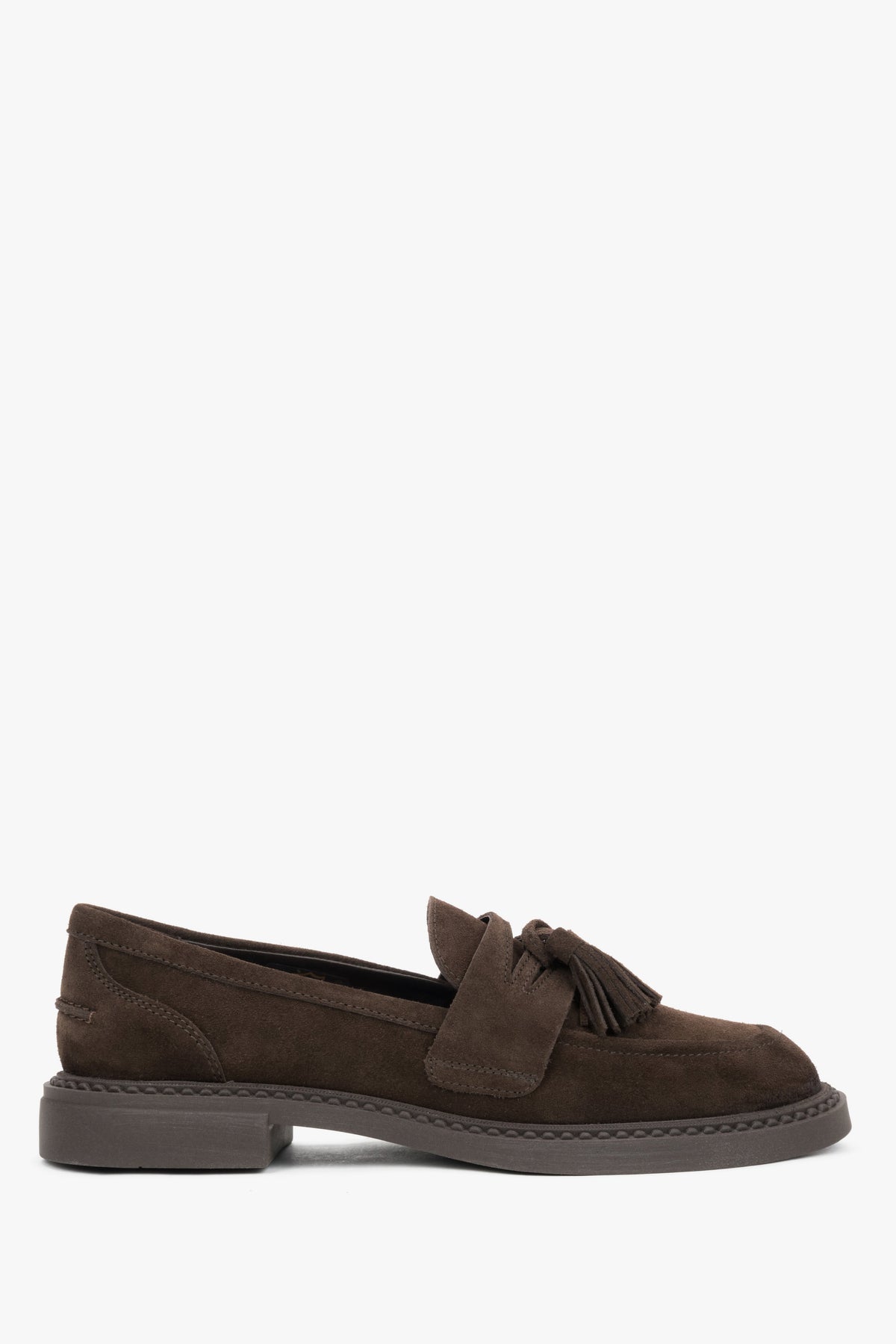 Czekoladowe loafersy damskie z chwostem z włoskiego weluru naturalnego Premium.