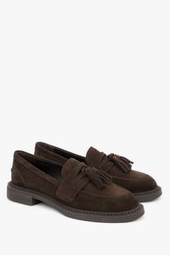 Damskie czekoladowe loafersy z chwostem z włoskiego weluru naturalnego Premium Estro.