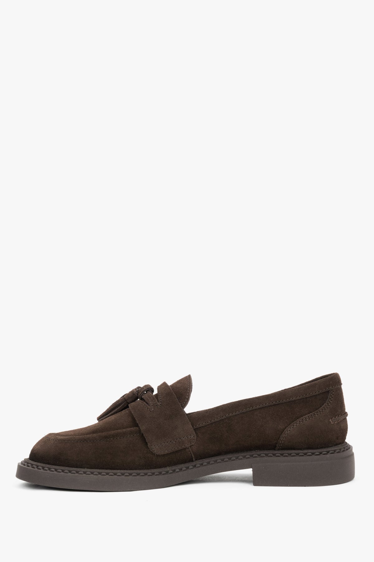 Loafersy damskie z chwostem, czekoladowe, z włoskiego weluru naturalnego Premium, Estro.