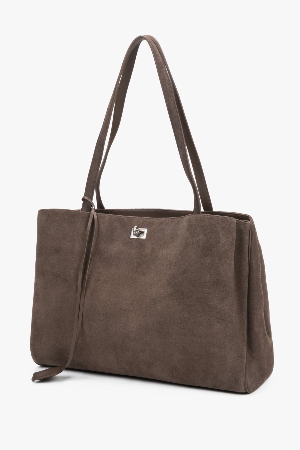 Duża brązowa torba shopper damska z naturalnego weluru Estro w modnym odcieniu cappuccino, prezentująca nowoczesny, minimalistyczny design.