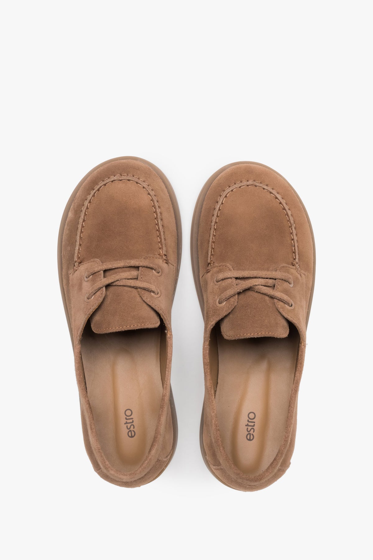 Loafersy damskie w stylu żeglarskim, jasnobrązowe, z włoskiego weluru naturalnego Premium, Estro.