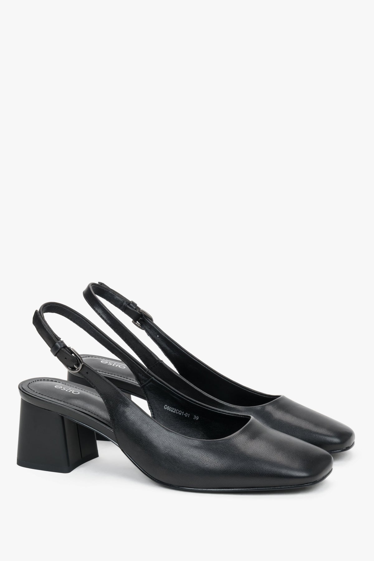 Klasyczne czarne slingbacki damskie ze skóry naturalnej na kwadratowym obcasie.