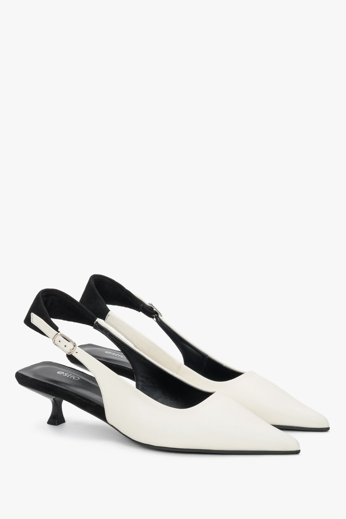 Mlecznobiało-czarne czółenka damskie typu slingback na obcasie kitten heel ER00119766.