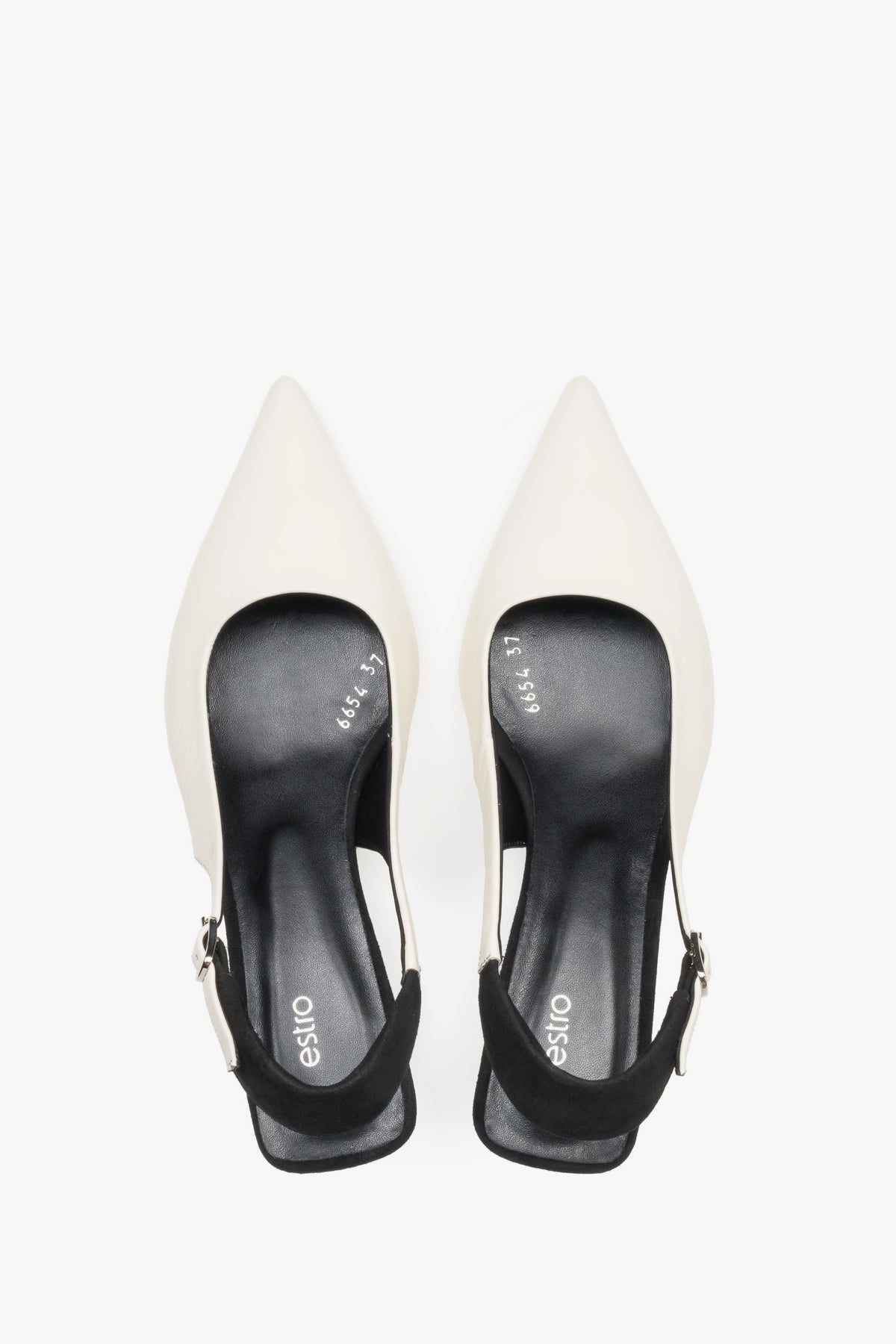 Czółenka damskie typu slingback, mlecznobiało-czarne, na obcasie kitten heel, Estro ER00119766.