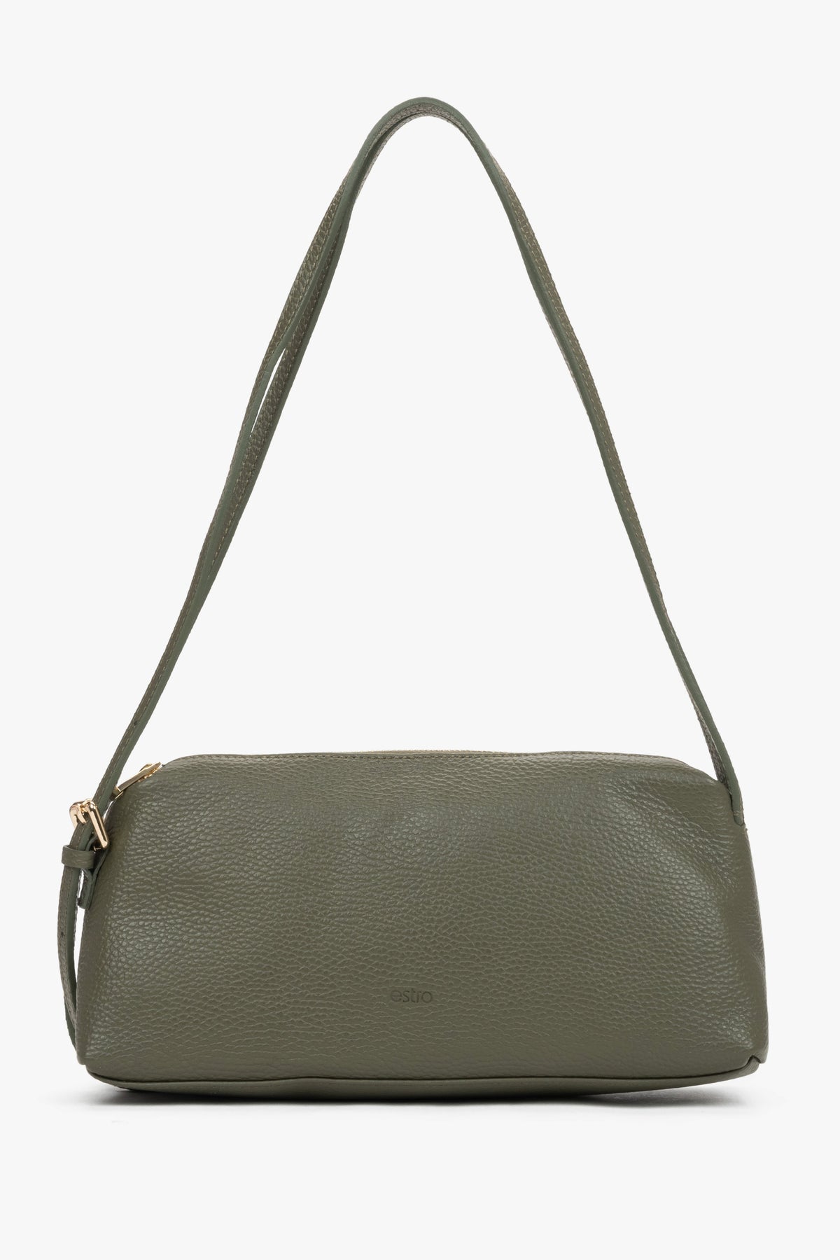 Oliwkowa podłużna torebka damska na ramię z groszkowej włoskiej skóry naturalnej Premium.
