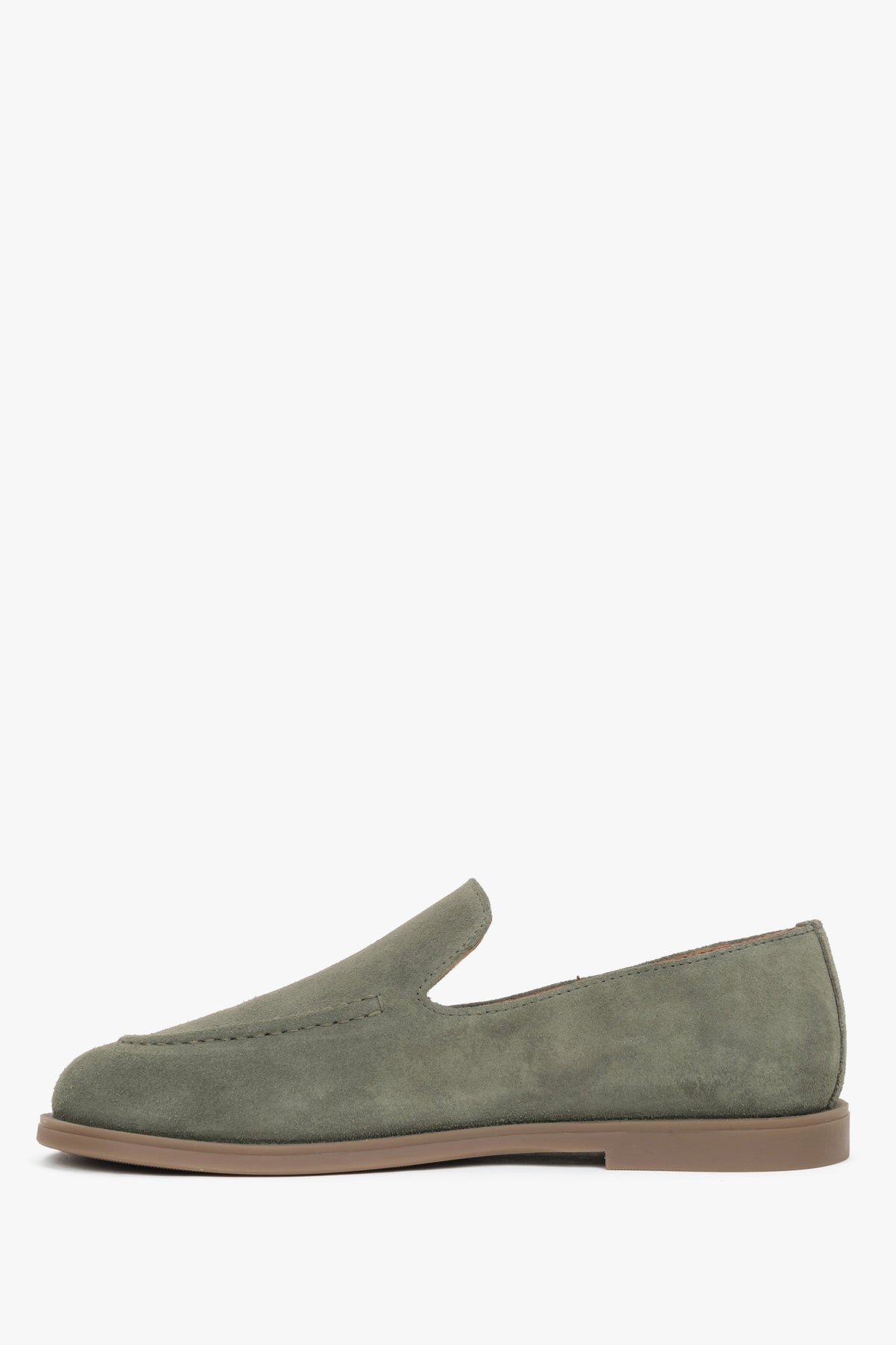 Mokasyny damskie typu barefoot, oliwkowe, z włoskiego weluru naturalnego Premium, Estro.
