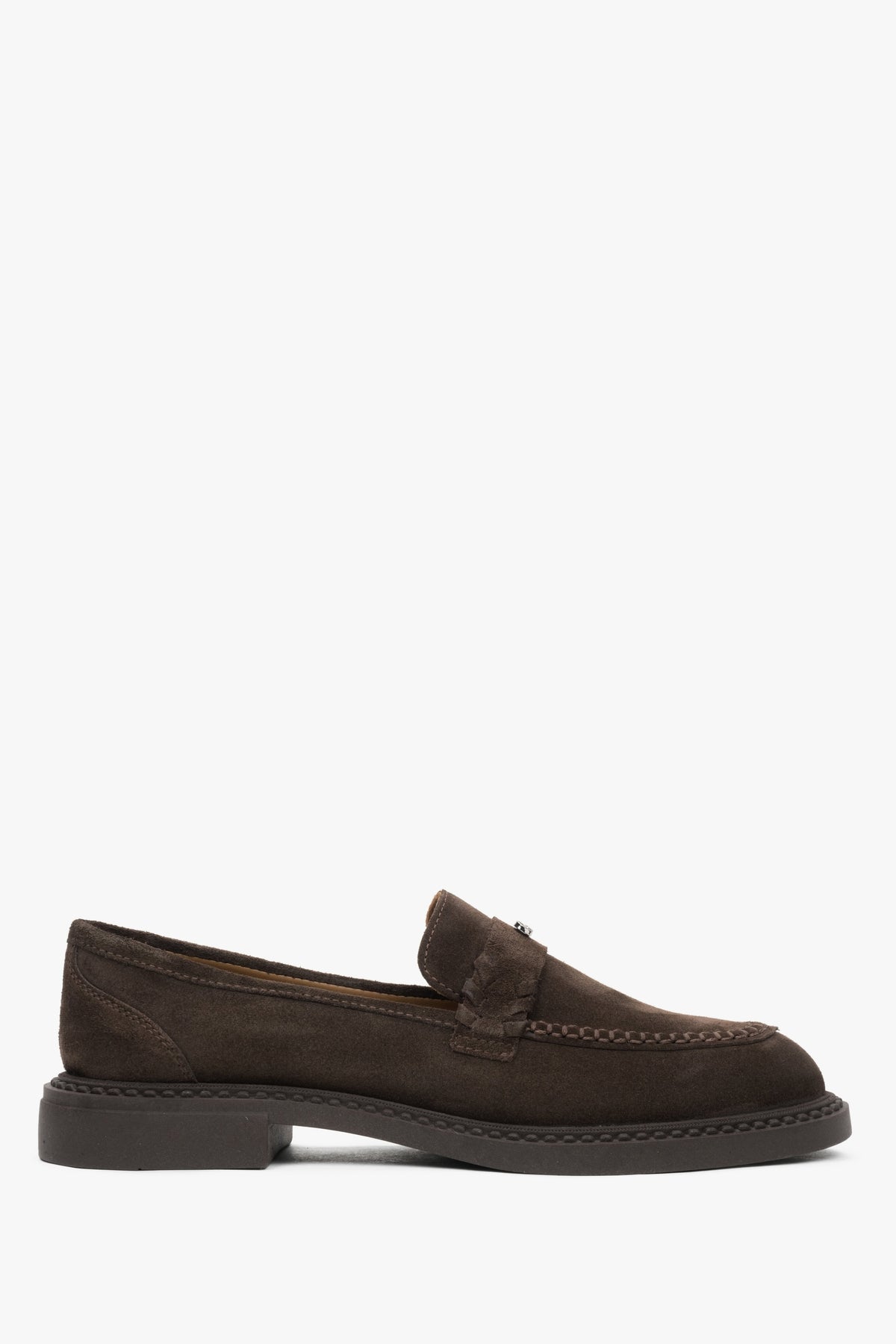 Brązowe loafersy damskie typu Penny z włoskiego weluru naturalnego Premium Estro ER00116793.